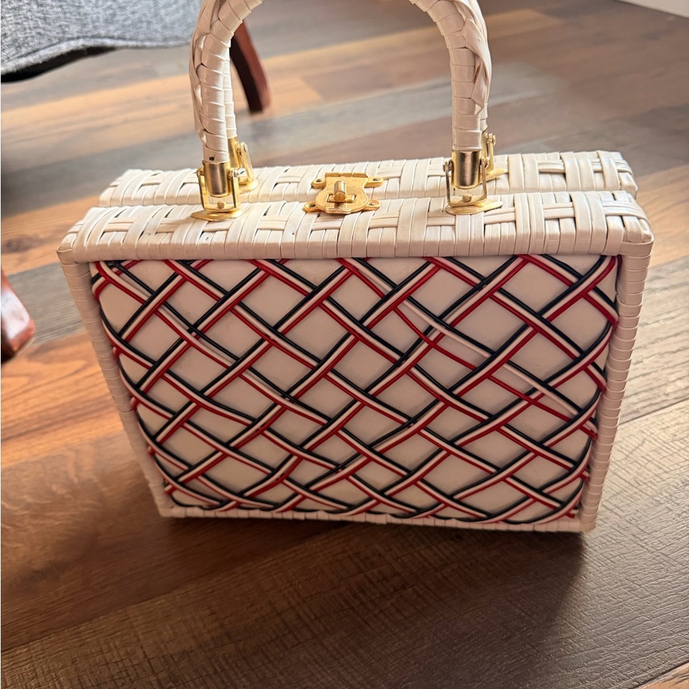 Elegant Cream and Red Woven Handbag